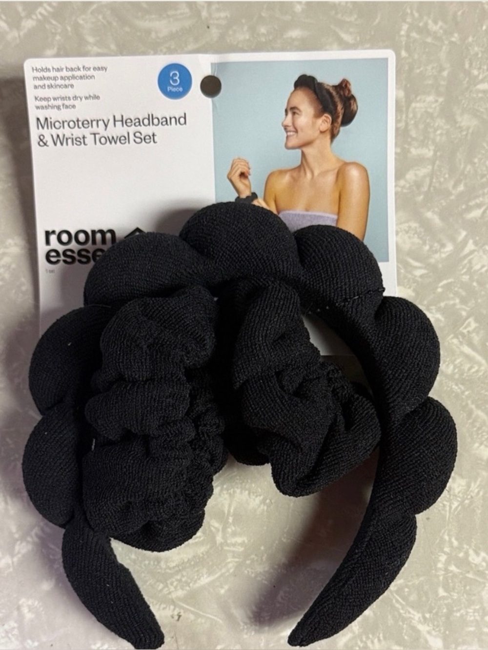 Room Essentials Black Microterry Headband and wrist towel set